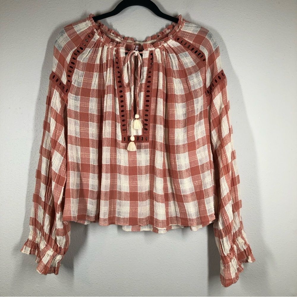 Free People Honey Grove Plaid Top Pink/Burnt Orange Size Small OB754381